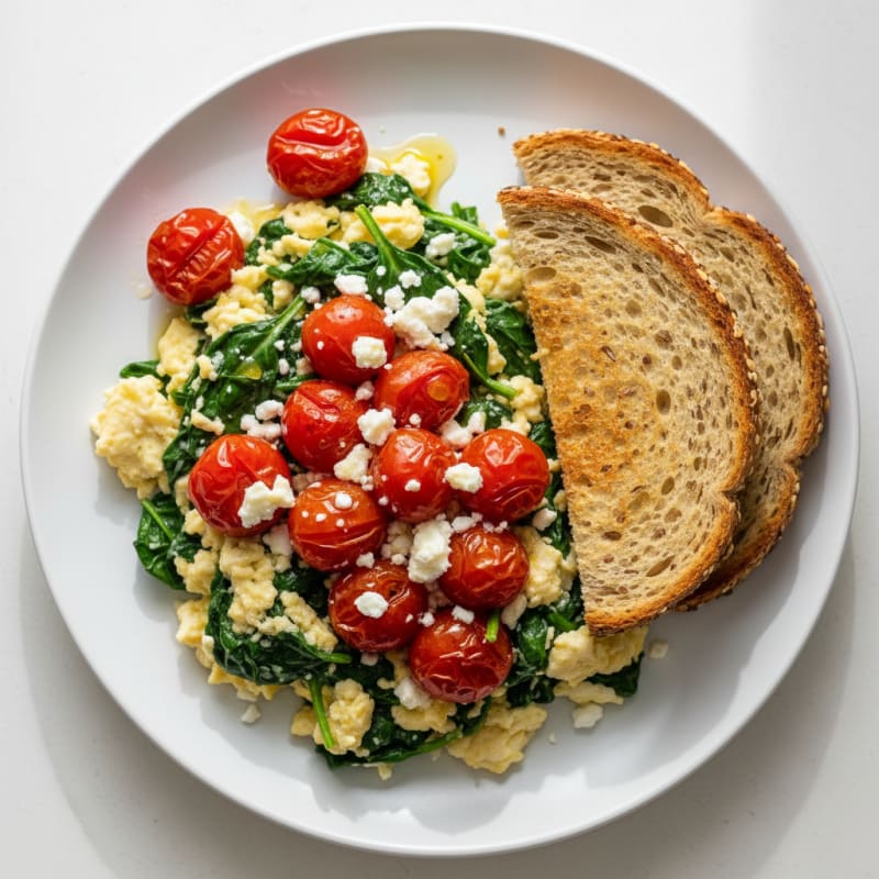 Egg White Spinach Scramble with Roasted Cherry Tomatoes and Feta