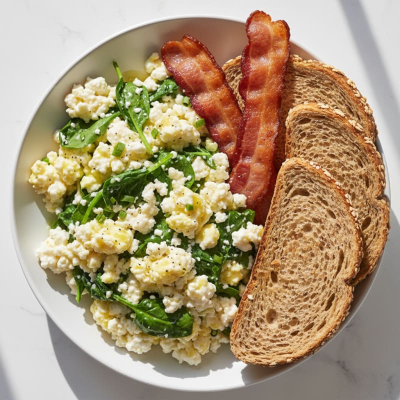 Cottage Cheese Scramble with Spinach and Turkey Bacon