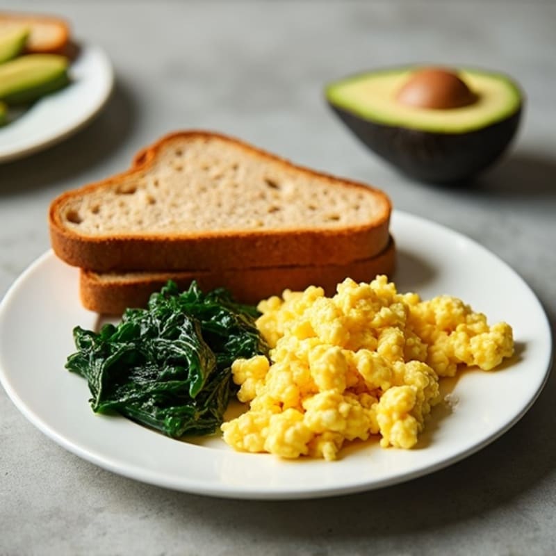 Egg White Scramble with Turkey Sausage, Sautéed Spinach, Avocado & Whole Grain Toast