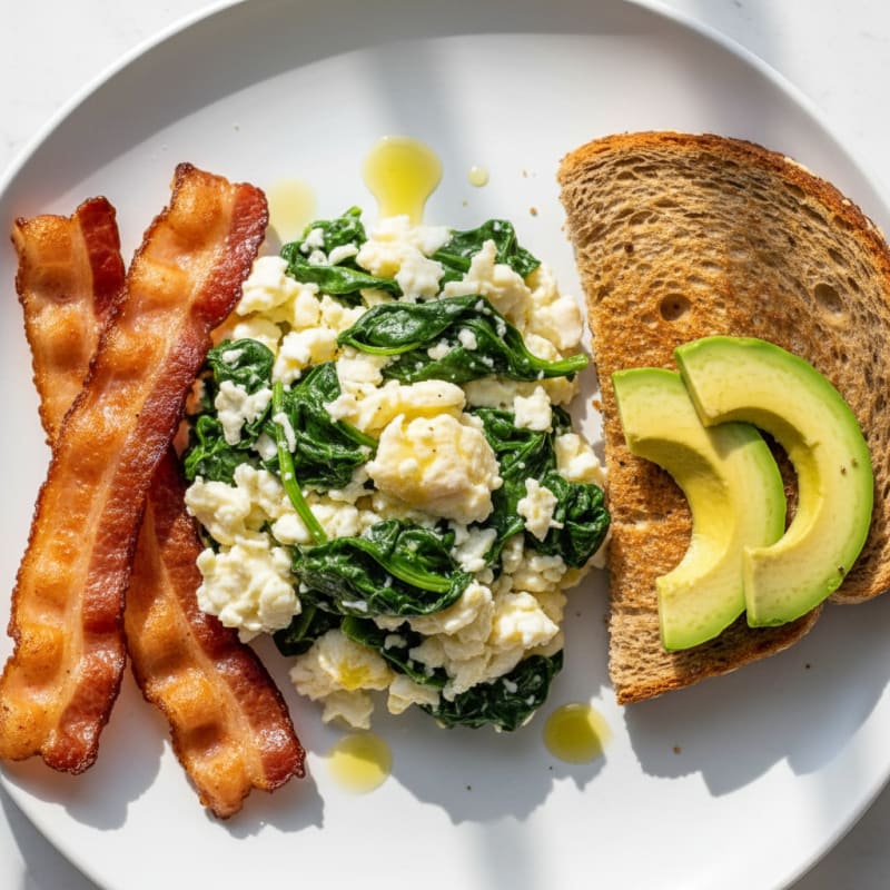 Crispy Turkey Bacon and Egg White Scramble with Sautéed Spinach