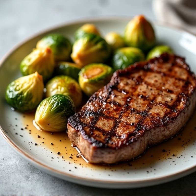 Juicy Pan-Seared Steak with Crispy Roasted Brussels Sprouts
