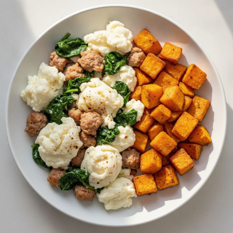 Egg White and Turkey Sausage Scramble with Spinach and Roasted Sweet Potato