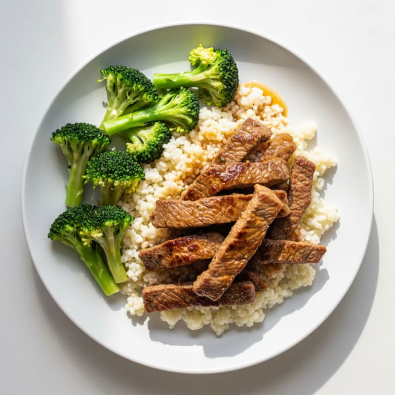 Seared Lean Beef Strips with Steamed Broccoli and Cauliflower Rice