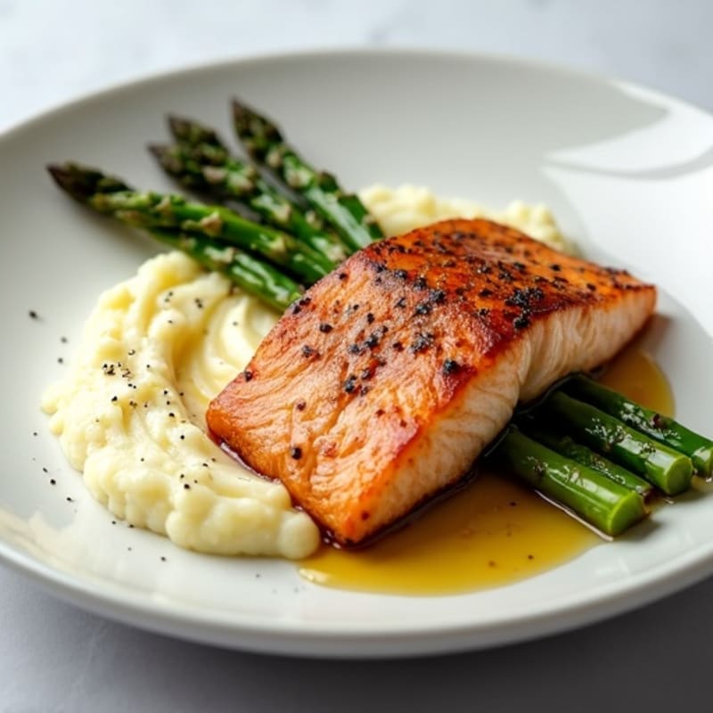 Seared Salmon with Roasted Asparagus and Cauliflower Mash