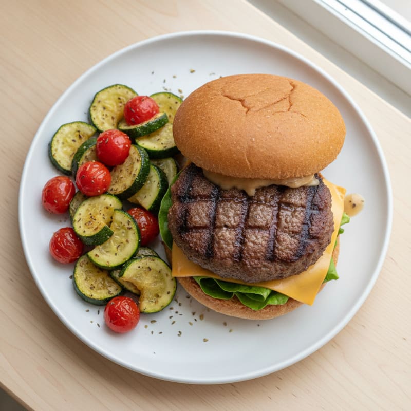Lean Beef Burger with Roasted Zucchini and Tomato