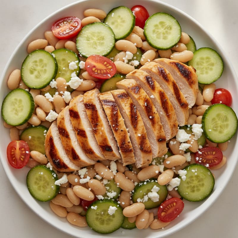 Grilled Chicken White Bean Salad with Cucumbers and Feta