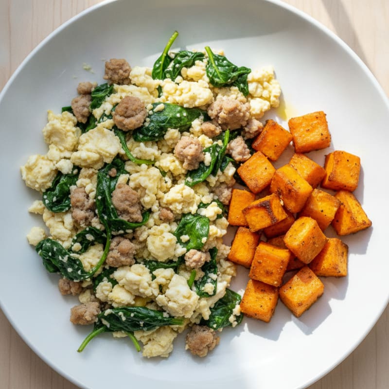Egg White and Turkey Sausage Scramble with Spinach and Roasted Sweet Potato