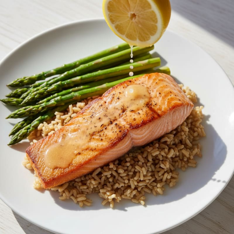 Seared Salmon Fillet with Steamed Asparagus and Brown Rice