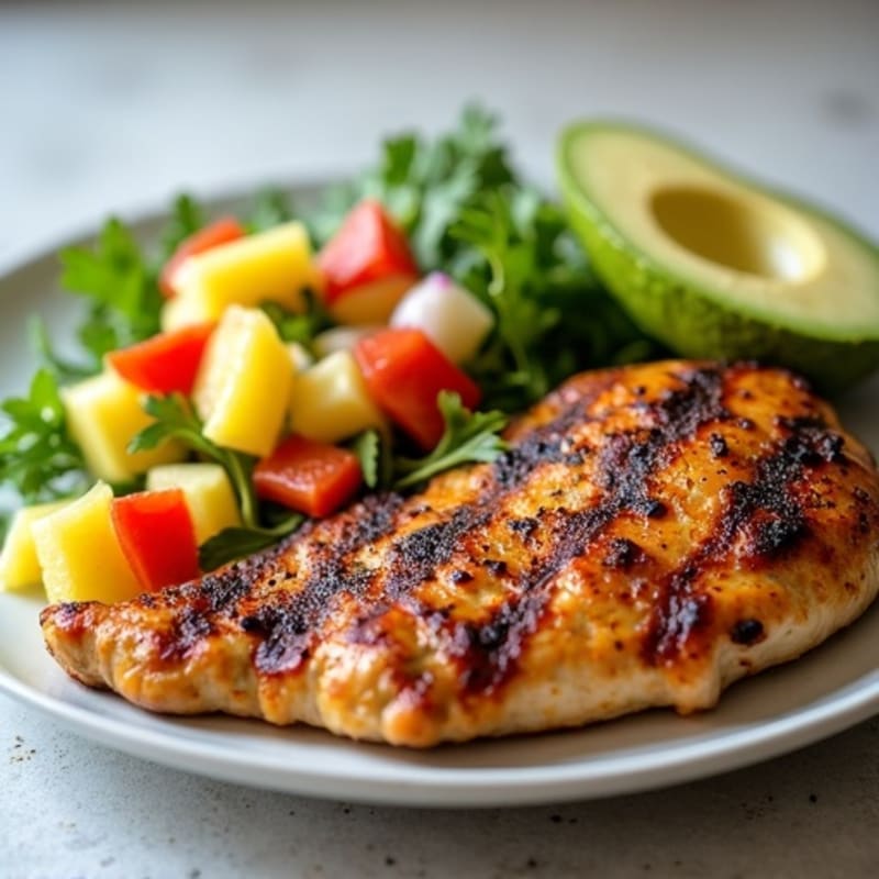Grilled Jerk Chicken Breast with Citrus-Avocado Salad and Pineapple Salsa