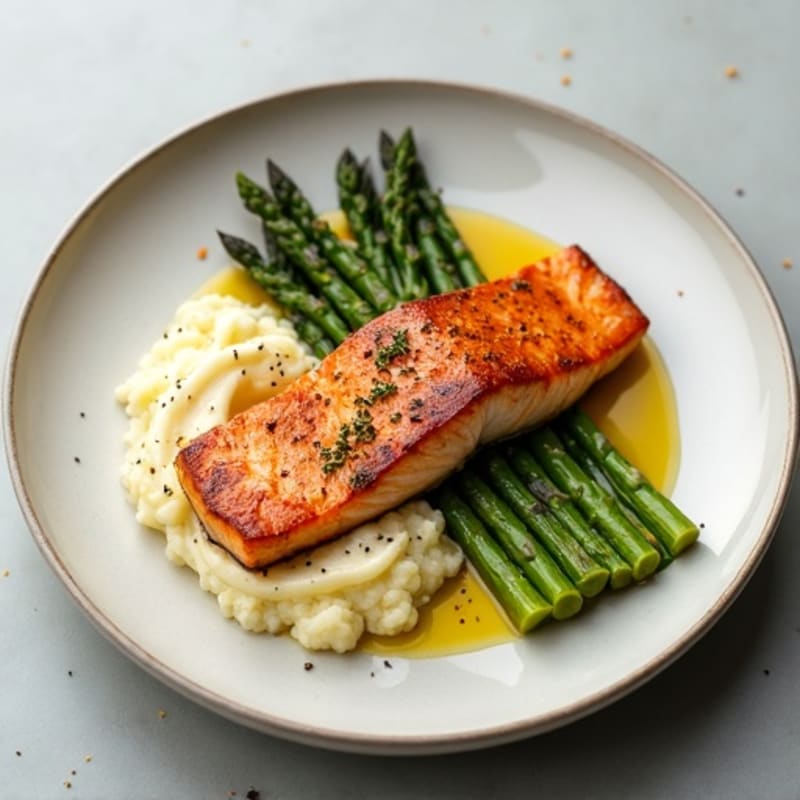 Seared Salmon Filet with Roasted Asparagus and Cauliflower Mash
