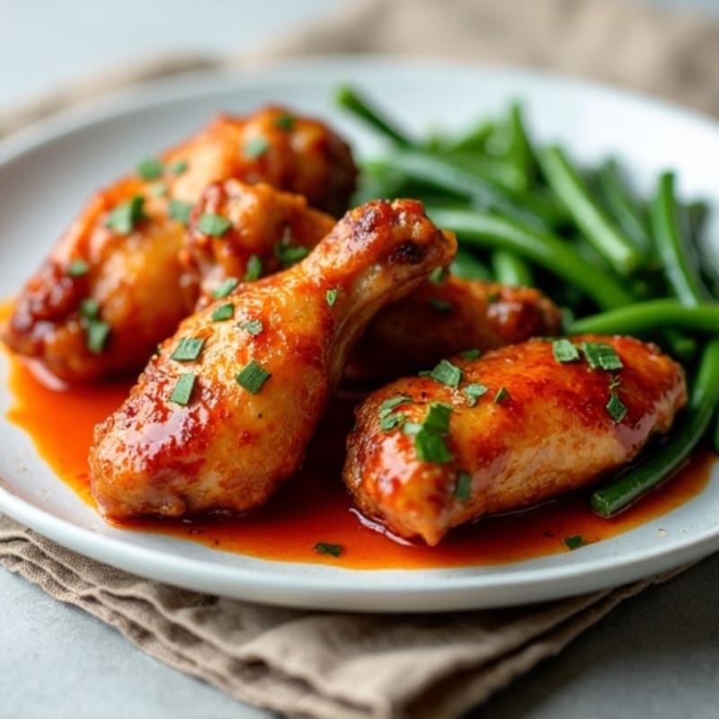 Crispy Baked Spicy BBQ Chicken Wings with Roasted Green Beans