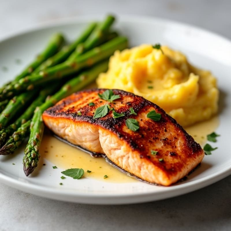 Seared Salmon with Steamed Asparagus and Mashed Sweet Potatoes