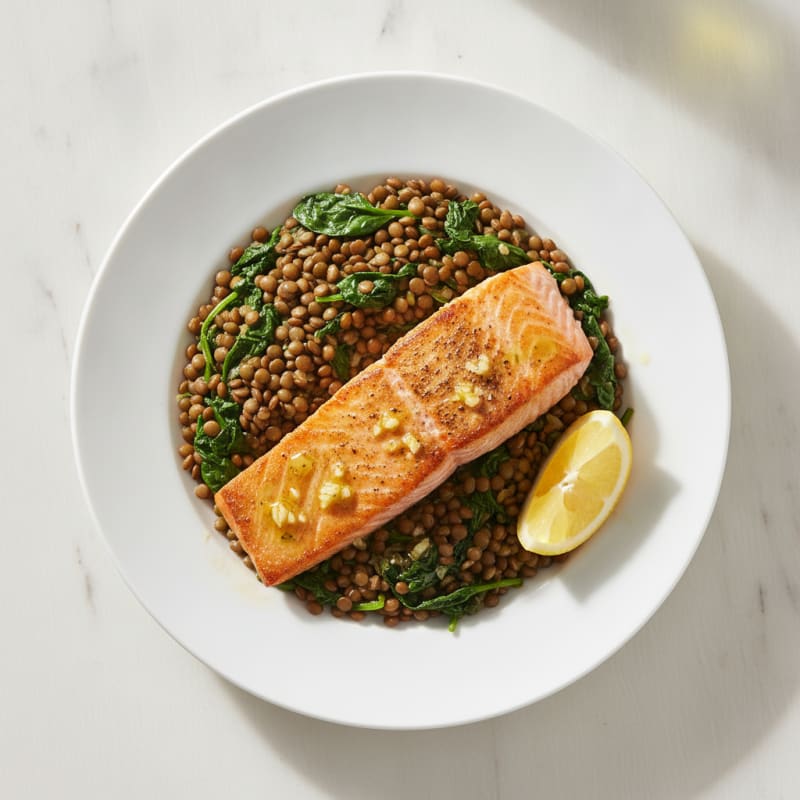 Seared Salmon with Lentil and Spinach Stir