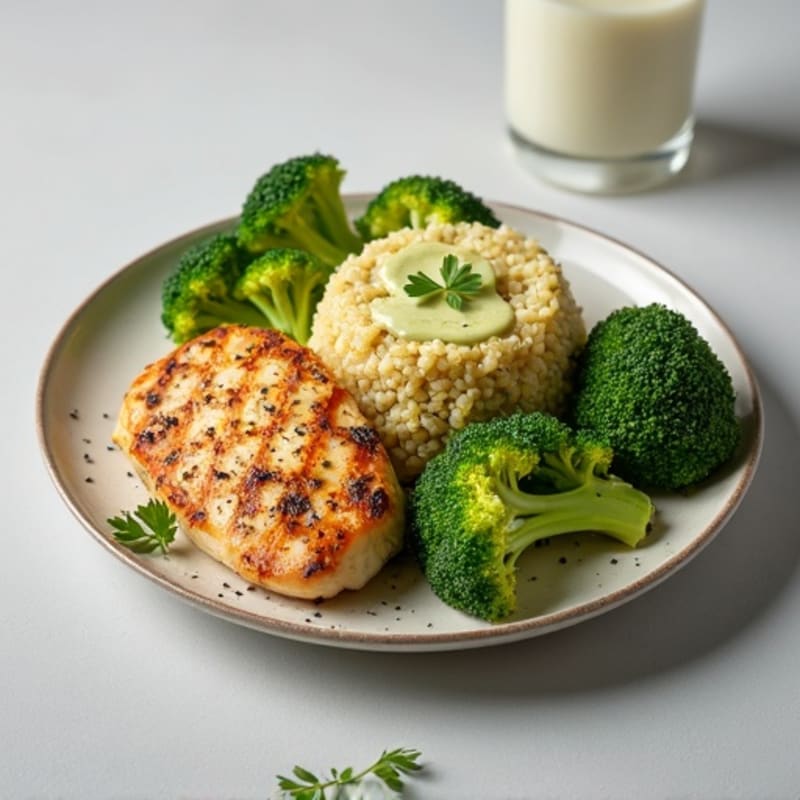 Grilled Chicken Breast with Creamy Quinoa and Roasted Broccoli