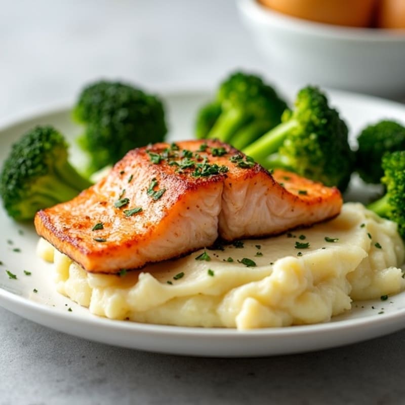 Seared Salmon with Steamed Broccoli and Garlic Mashed Potatoes