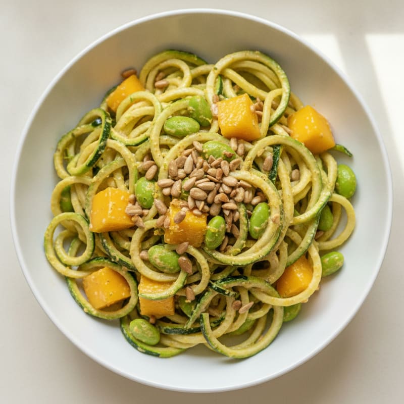 Creamy Raw Zucchini Noodle Bowl with Edamame and Sunflower Seeds