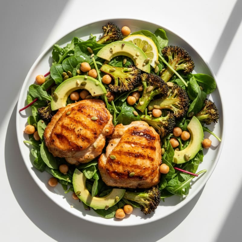 Grilled Chicken Thigh Salad with Avocado, Chickpeas, and Roasted Broccoli