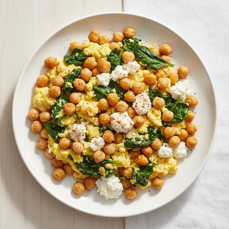 Crispy Chickpea and Spinach Scramble with Cottage Cheese