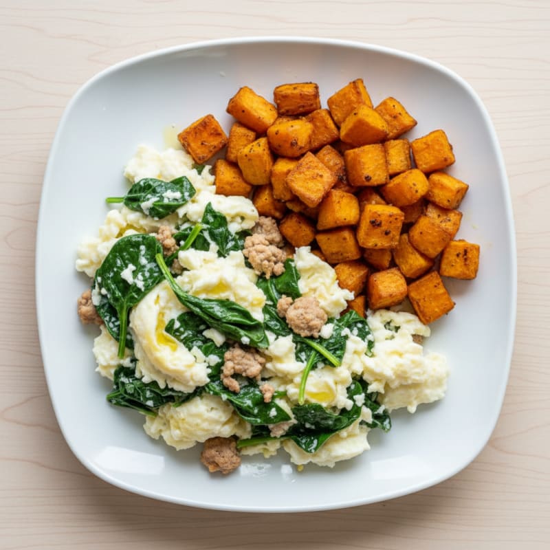 Egg White Spinach Scramble with Sautéed Turkey and Roasted Sweet Potato