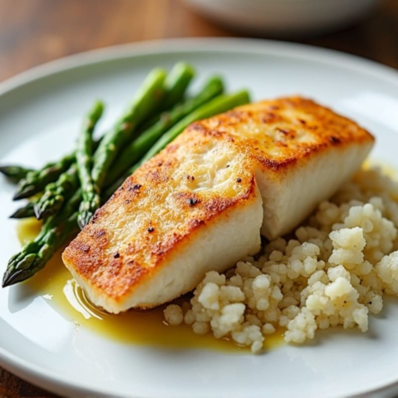 Seared Cod Fillet with Roasted Asparagus and Cauliflower Rice