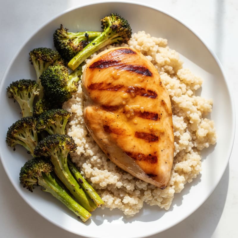Grilled Chicken Breast with Creamy Quinoa and Roasted Broccoli