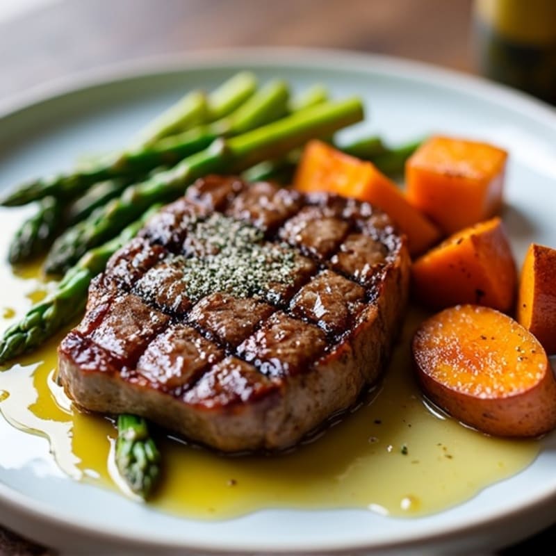 Pan-Seared Steak with Roasted Asparagus and Sweet Potatoes