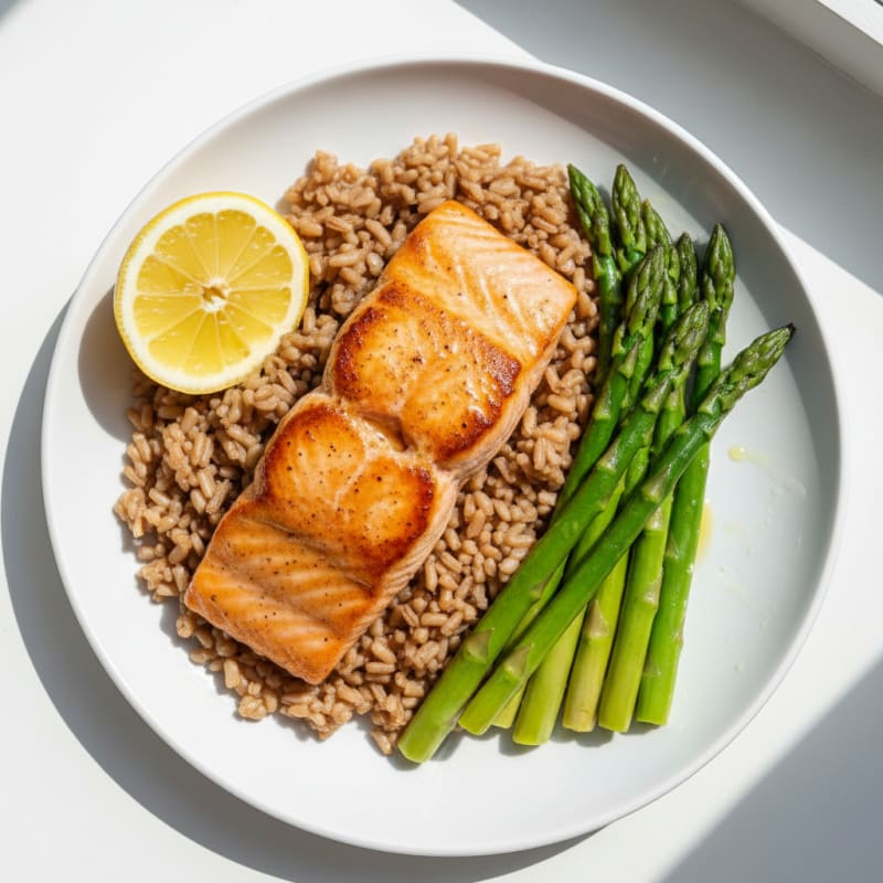 Seared Salmon with Steamed Asparagus and Brown Rice