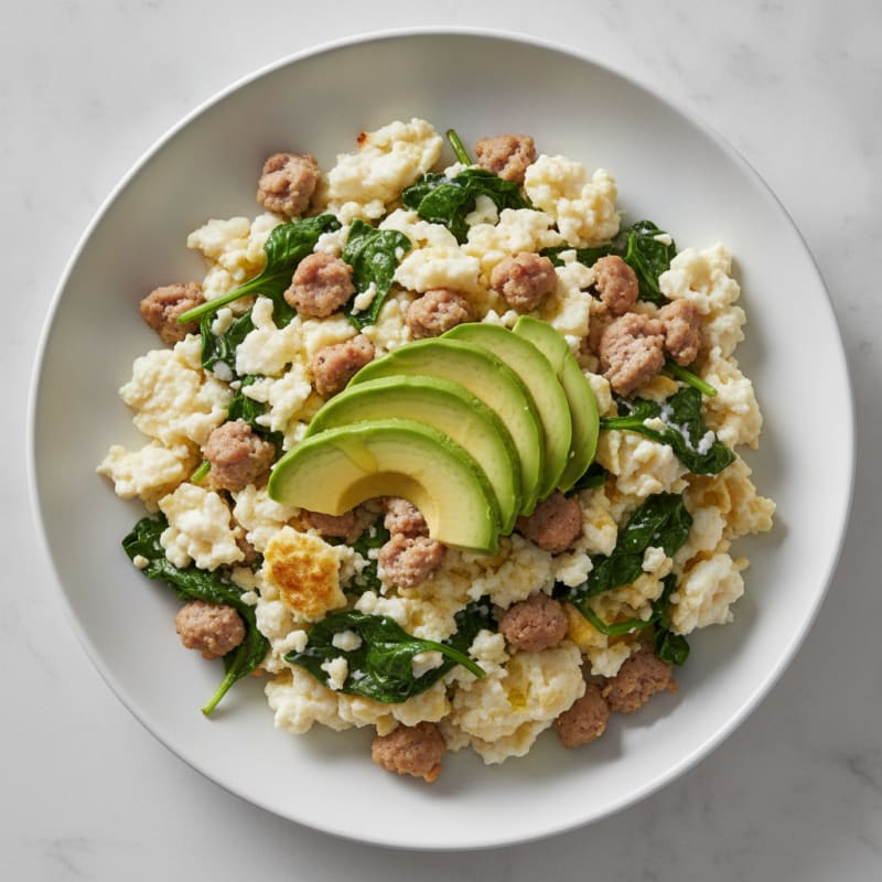 Egg White and Turkey Sausage Scramble with Sautéed Spinach