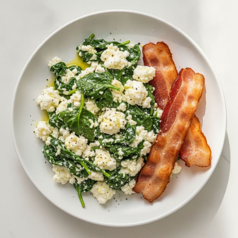 Cottage Cheese Egg White Scramble with Spinach and Turkey Bacon