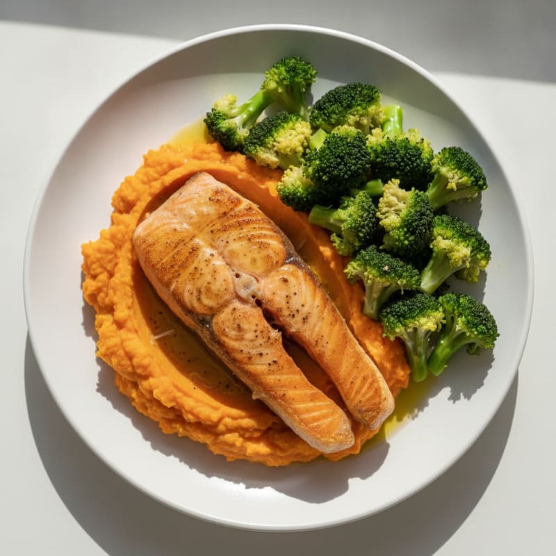 Seared Salmon with Steamed Broccoli and Sweet Potato Mash