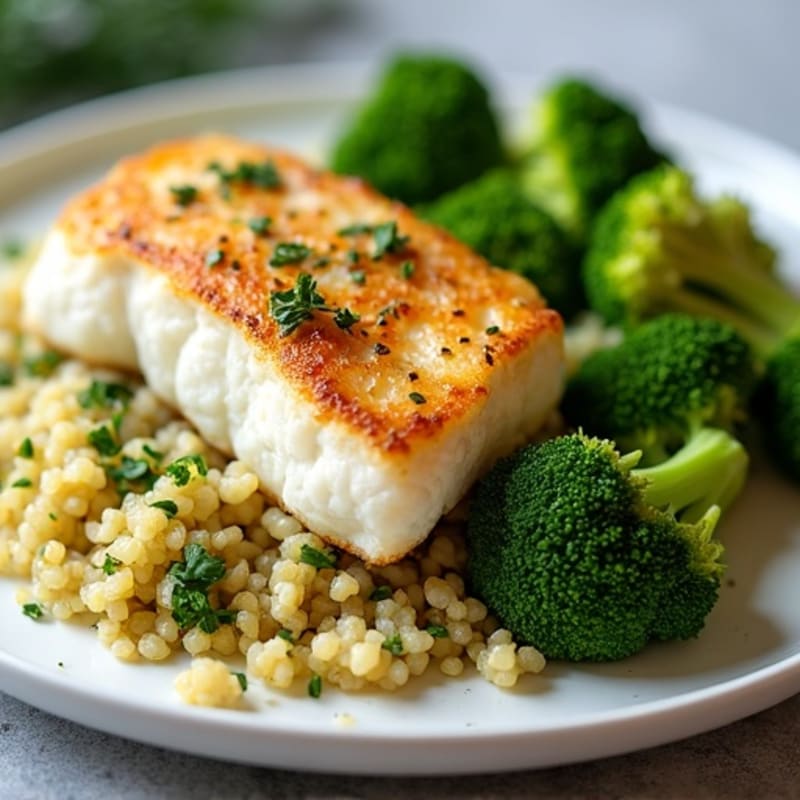 Seared Cod with Roasted Broccoli and Lemon Herb Quinoa