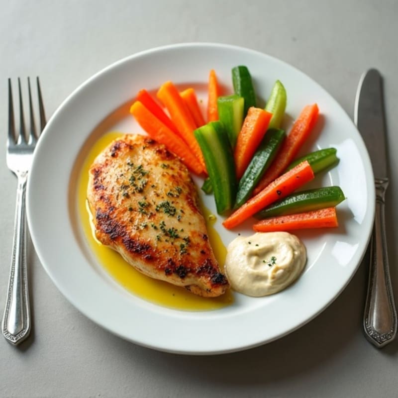Lemon-Garlic Pan-Seared Chicken with Fresh Crunchy Veggie Sticks and Creamy Hummus
