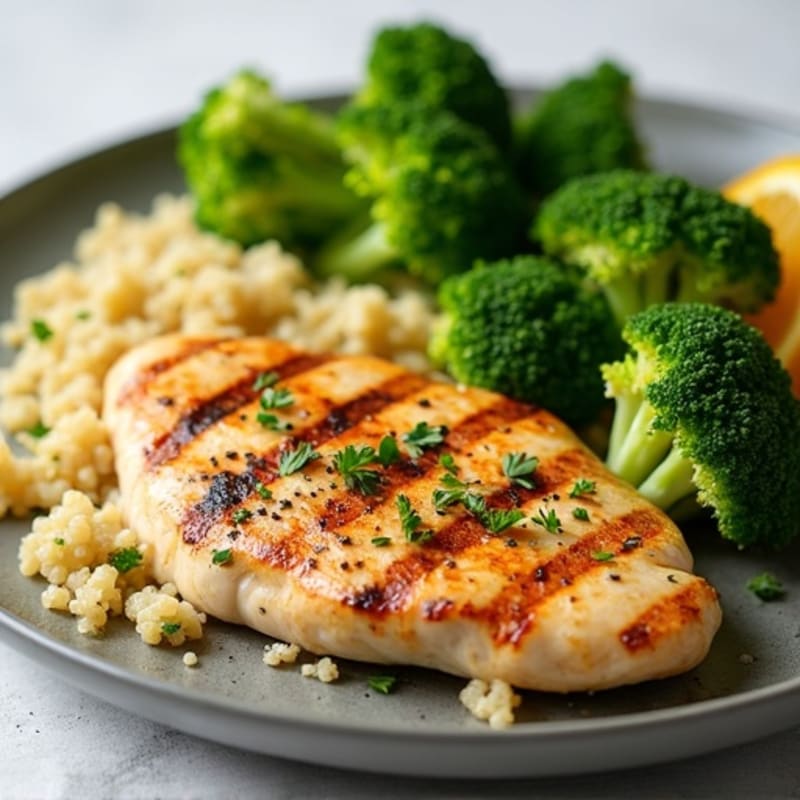 Grilled Lemon Herb Chicken Breast with Quinoa and Steamed Broccoli