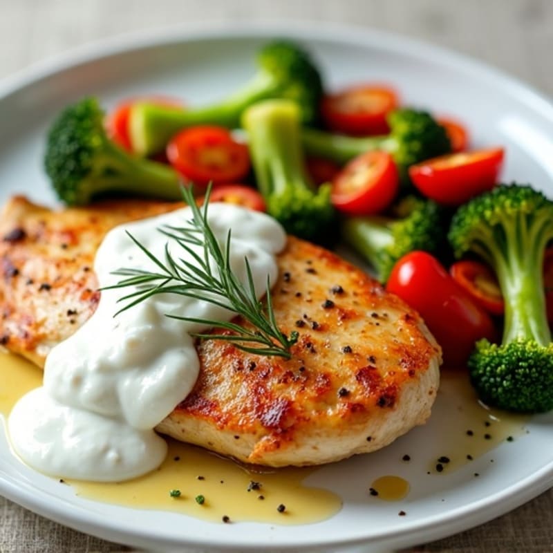 Roasted Spiced Chicken with Creamy Garlic Sauce and Fresh Vegetables