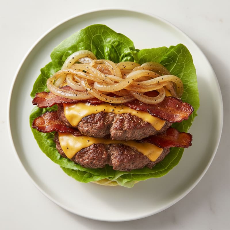 Beef Bacon Double Cheeseburger with Caramelized Onions