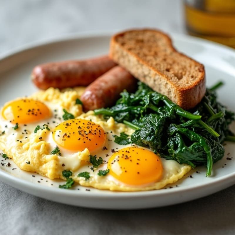 Scrambled Eggs with Turkey Sausage, Sautéed Spinach & Toast