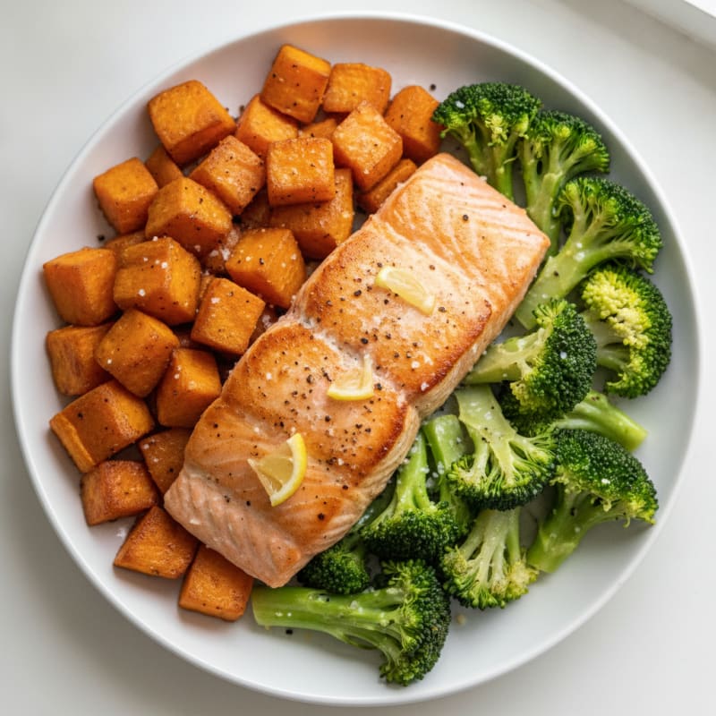 Seared Salmon with Roasted Sweet Potatoes and Steamed Broccoli
