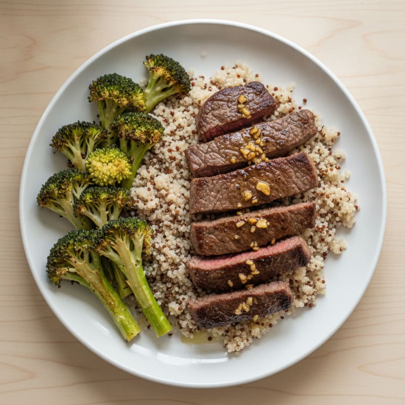 Seared Lean Beef Strips with Roasted Broccoli and Quinoa
