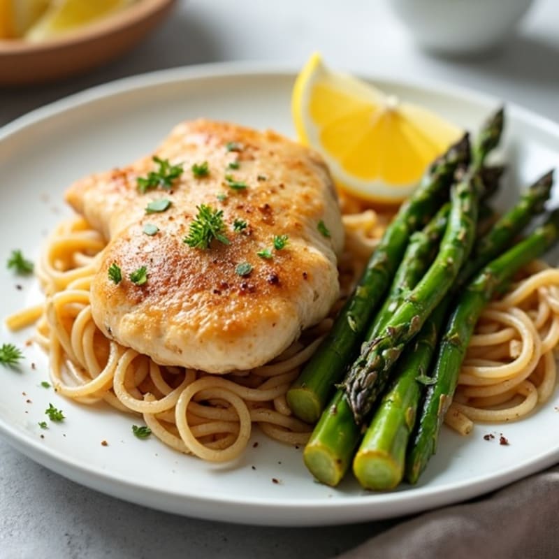 Lemon Garlic Pan-Seared Chicken with Whole Wheat Pasta and Roasted Asparagus