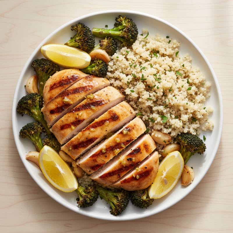 Grilled Lemon Chicken Breast with Quinoa and Roasted Broccoli