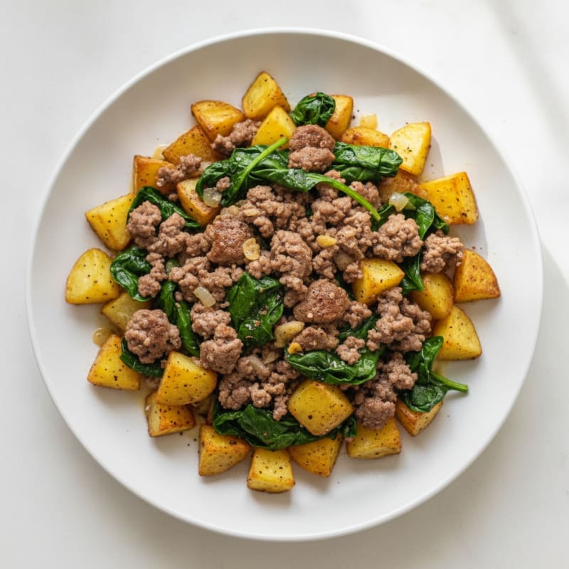 Ground Beef and Spinach Skillet with Roasted Potatoes