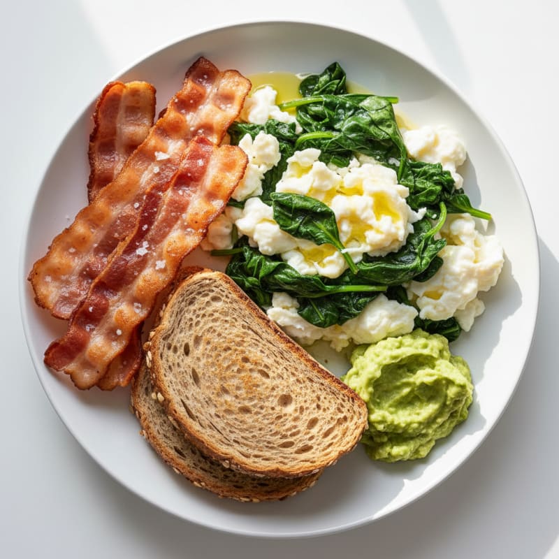 Crispy Turkey Bacon and Egg White Scramble with Sautéed Spinach