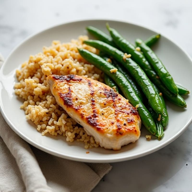 Seared Chicken Breast with Garlic Rice and Roasted Green Beans