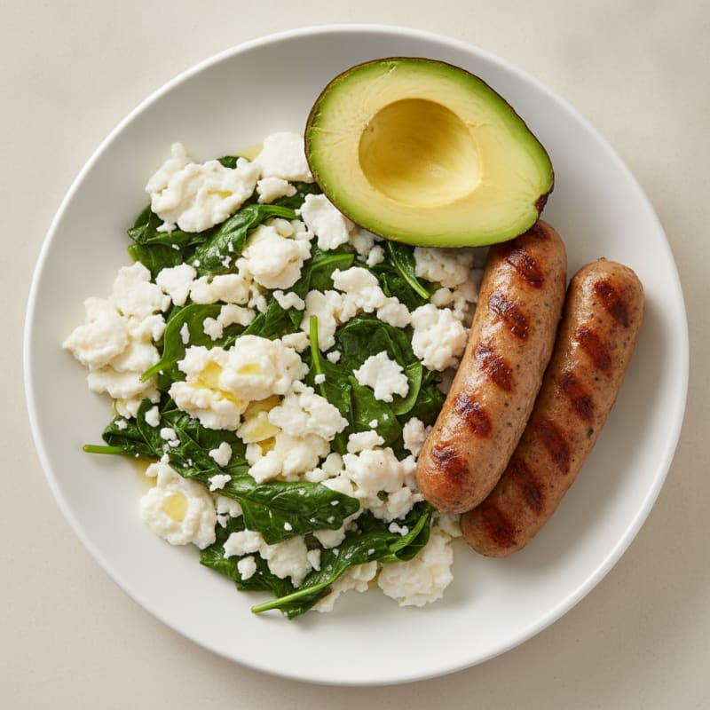 Scrambled Egg Whites with Sautéed Spinach and Grilled Turkey Sausage