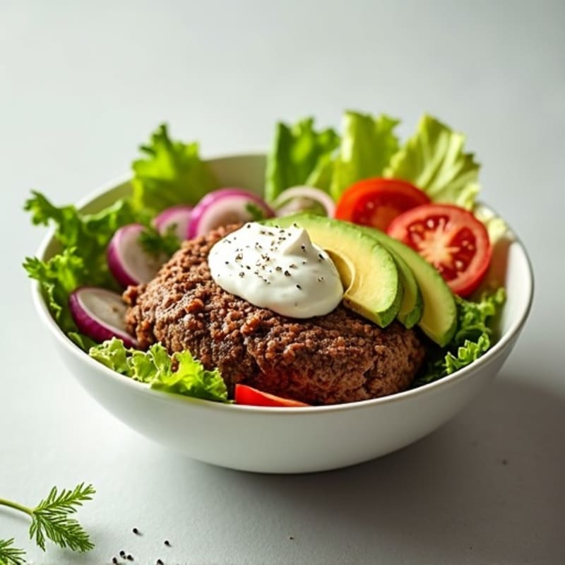 Lean Ground Beef Burger Bowl with Crispy Lettuce and Creamy Dressing