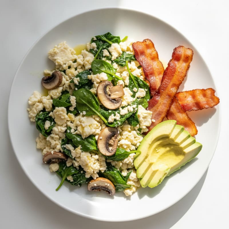 Egg White Spinach Scramble with Sautéed Mushrooms and Turkey Bacon