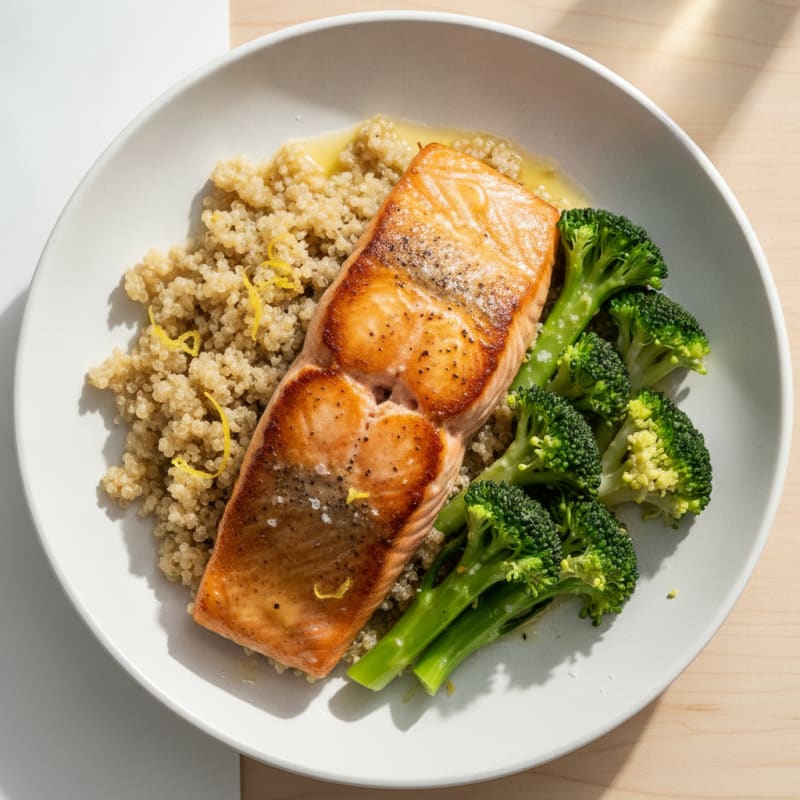 Seared Salmon with Steamed Broccoli and Lemon Quinoa