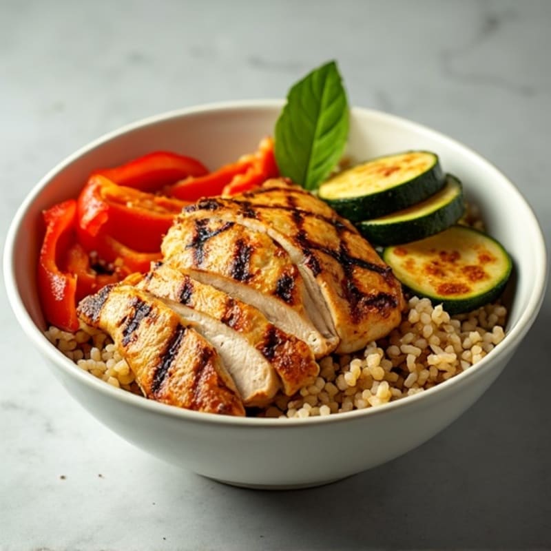 Grilled Chicken and Brown Rice Power Bowl with Roasted Vegetables