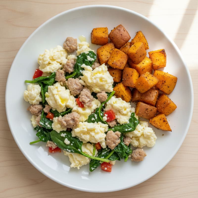 Egg White and Turkey Sausage Scramble with Spinach and Roasted Sweet Potatoes