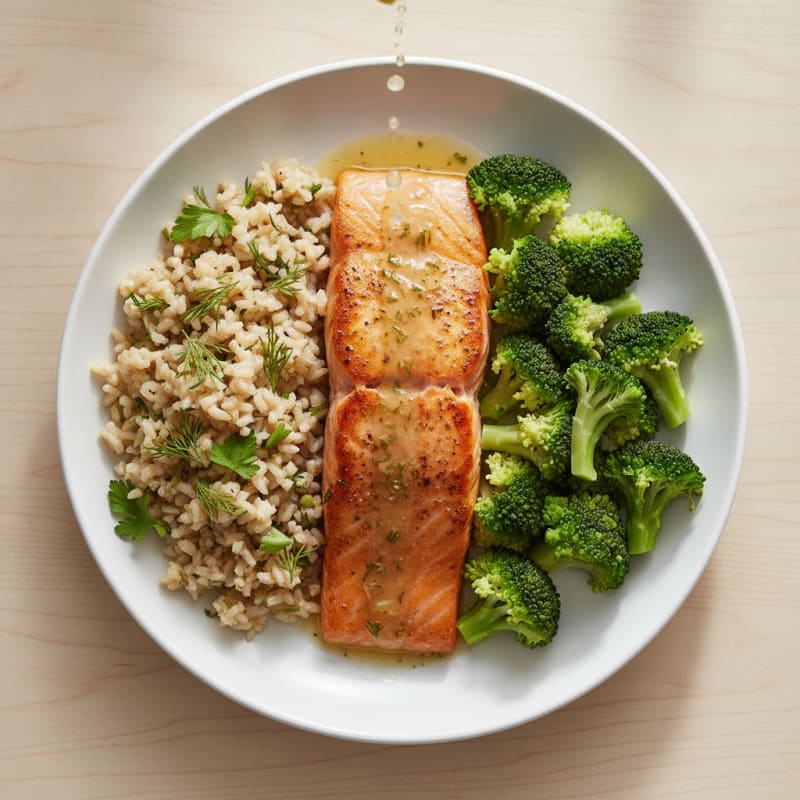 Seared Salmon with Herbed Brown Rice and Steamed Broccoli